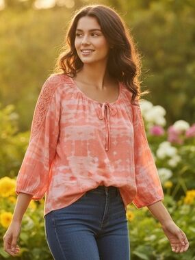 Beautiful Coral Tie-Dye Peasant Blouse with Crochet Sleeves, Size 8